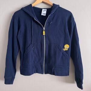 Warner Bros Tweety Bird Vintage 1999 Zip Up Navy Blue Hoodie Sweatshirt 90s Y2K